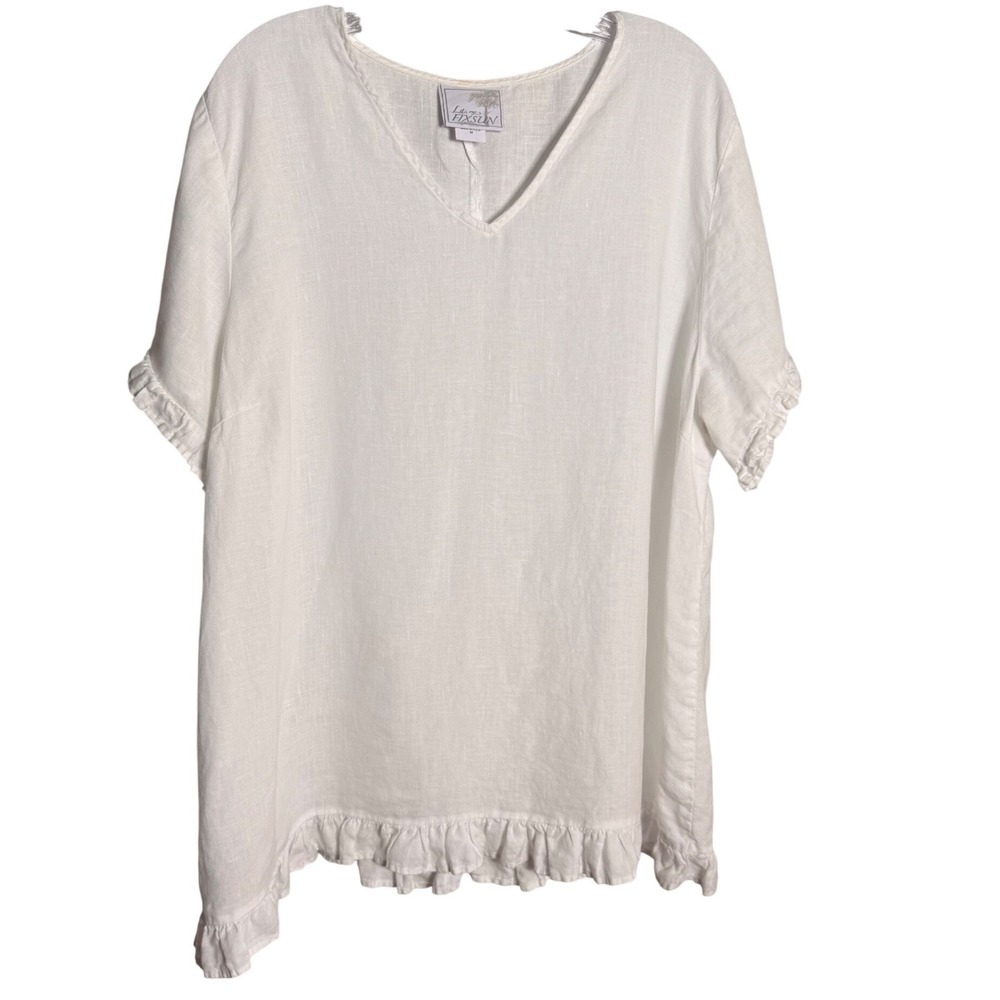 La Fixsun Ruffle Linen Top Womens M White 100% Linen Boho Coastal FBT413